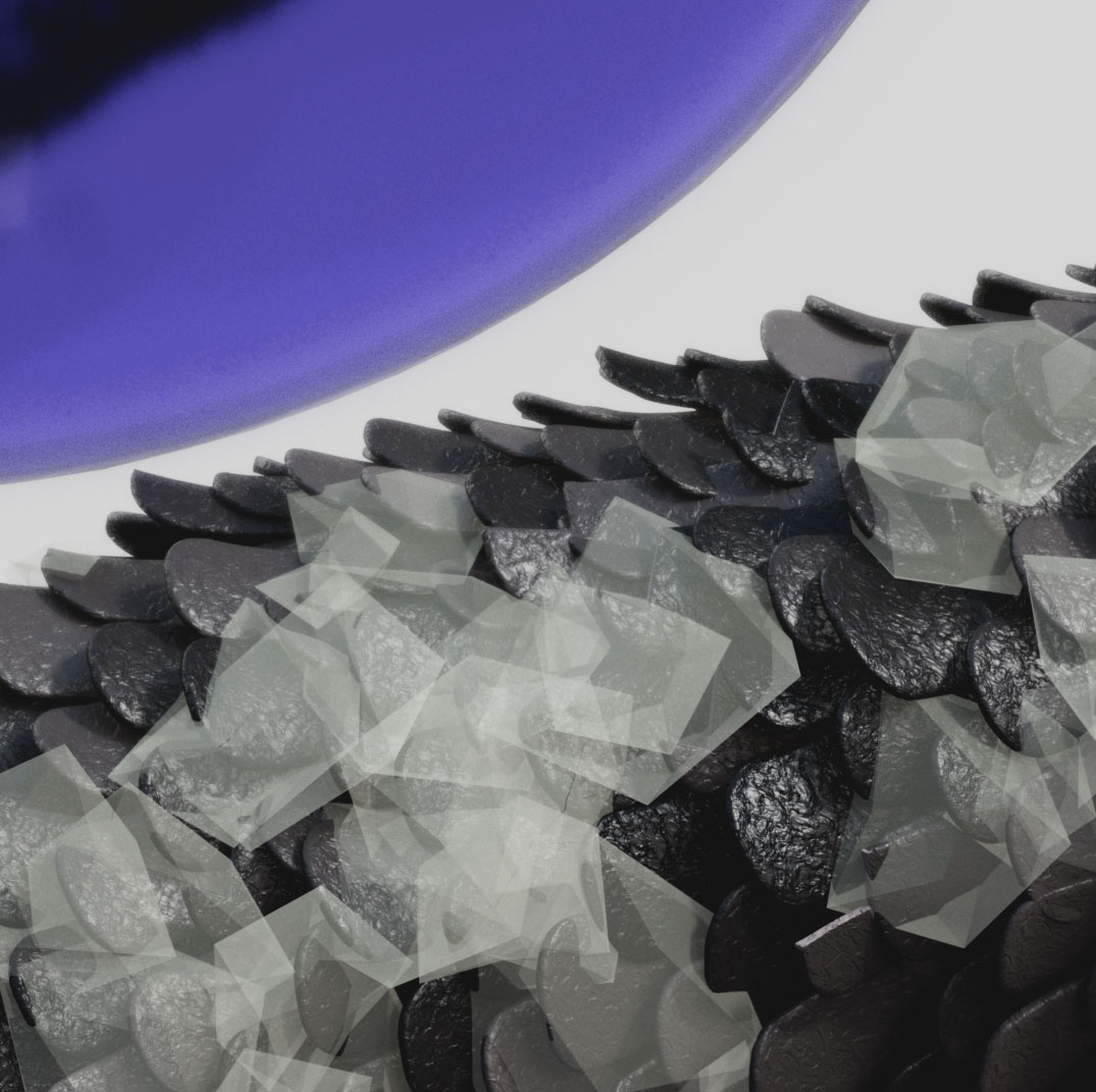 A highly magnified 3D image of hair with roughened cuticles and accumulated surface dirt, showing Intium first removing the impurities.